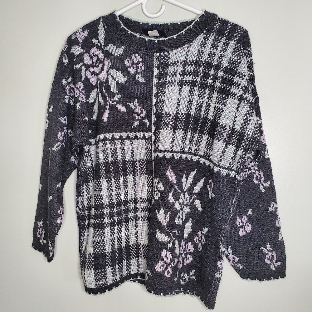Medallion Floral Rose Plaid Vintage Knit Sweater Size Large